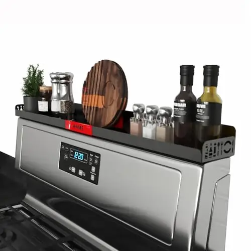 STUTOV 30" Magnetic Stove Top Shelf – Black Spice Rack with Red HOME Design – Seasoning Organizer for Back of Stove – Over Stove and Kitchen Storage Shelf